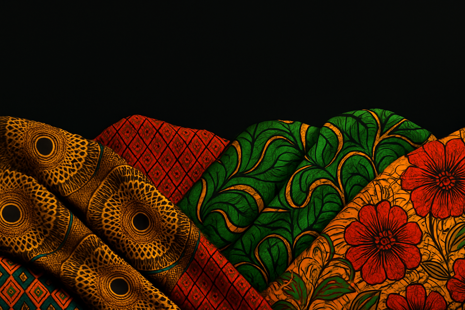 Create an image for home page slide on Shopify, the image should have african wax prints, the background should be black so that their logo can apear nice, there must be space at the top for the logo. no logo writing
